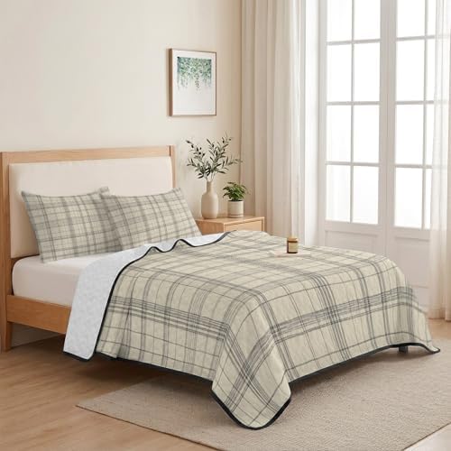 Quilts King Size Bedding Set, Check Plaid Lightweight Quilted