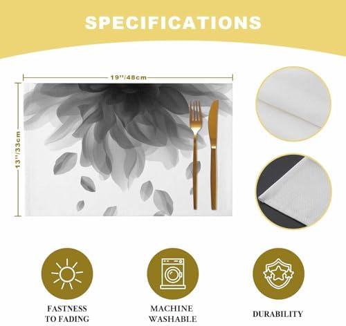 Placemats Set of 8, Abstract Gray Flower Texture Washable Table Mats