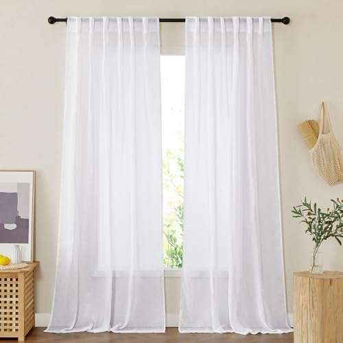 NICETOWN White Linen Sheer 120 inch Curtains for Living Room, Rod