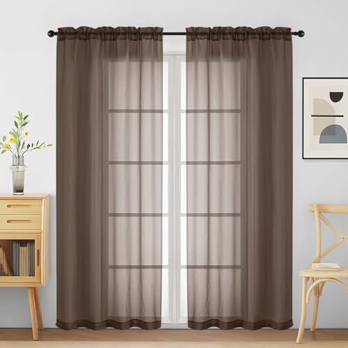 Chocolate Sheer Curtains for Window 72 inches Long 2 Panels Set, Soft