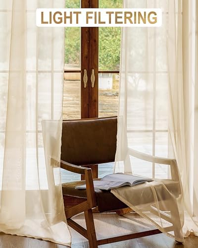 Foil Stripe Beige Sheer Curtains 120 inches Length 2 Panels with