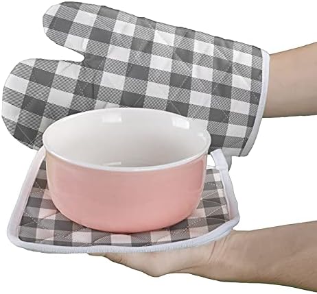 Kitchen Oven Gloves Gray Buffalo Check Plaid Oven Mitts Pot Holder Set