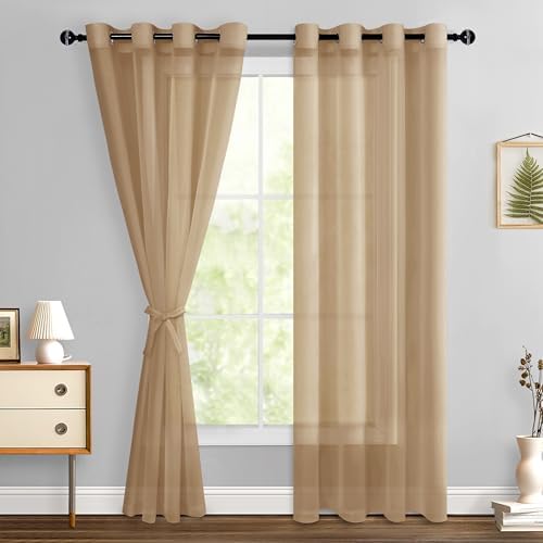 Hiasan Sheer Curtains 84 Inches Long with Tiebacks, Taupe, 2 Panels