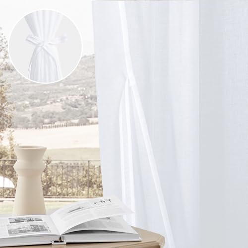 DWCN White Faux Linen Sheer Curtains, 2 Panels, 52x84 Inch