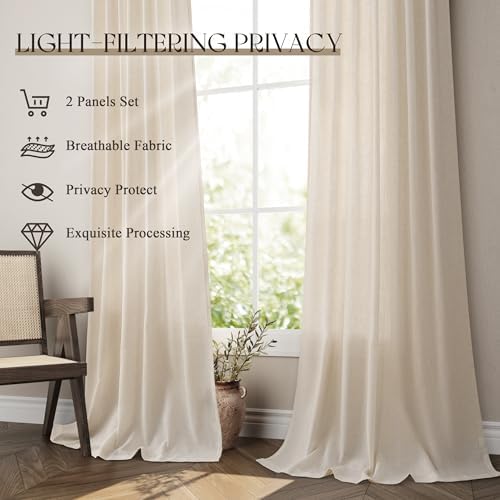 Jowels Cream Linen Grommet Curtains 84 Inch Long 2 Panels for Living