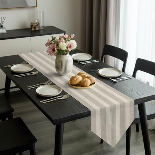 Minimalist Taupe Stripes Table Runner,Farmhouse Linen Texture Cotton