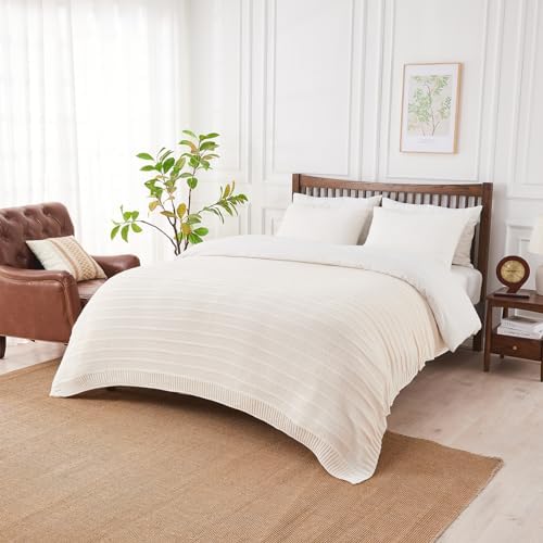 Douceur Cream White Stripe Knit Throw Blanket 50"x60"