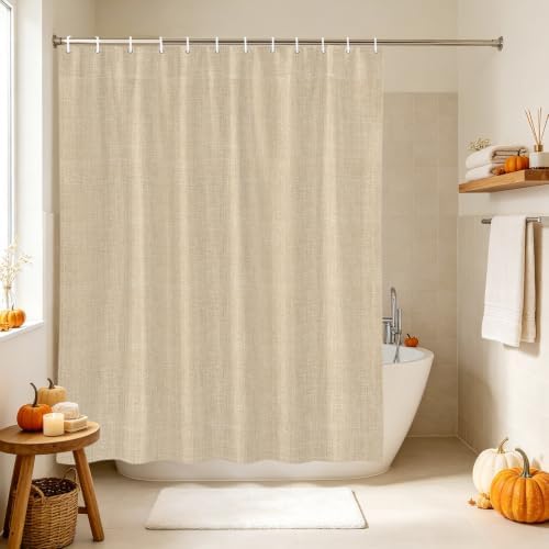 Rustic Beige Shower Curtain, Farmhouse Linen Texture Cottagecore