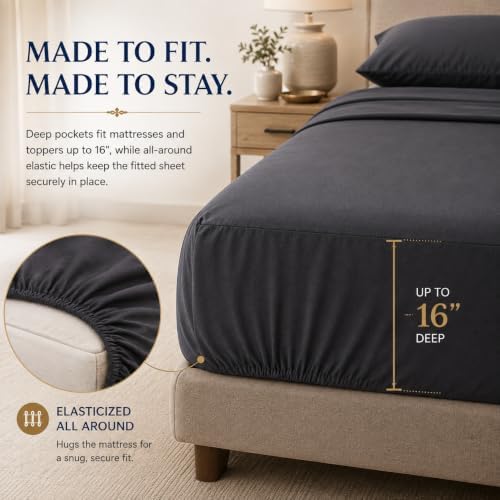 King Size Sheets Set, Luxury 100% Cotton Bed Sheets with 16" Deep