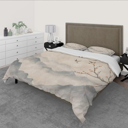Mist Mountain Bedding Set 3 Pieces Cute Birds Flowers Beige Gray Duvet