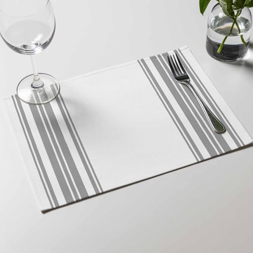 Placemats Set of 8, Grey Lines on White Washable Table Mats for Dining