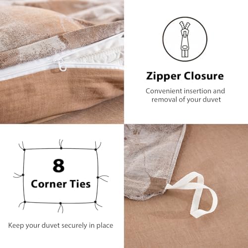 Brown Floral 100% Cotton Duvet Cover Queen Size, Soft Breathable