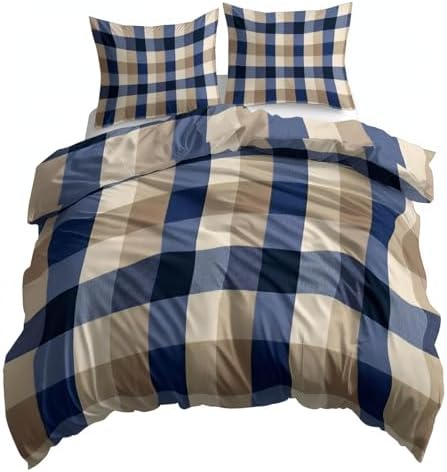 Minimalist Style Reversible Duvet Cover Set King Size, Geometric Grid