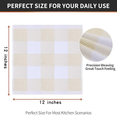 Homaxy 100% Cotton Check 6 Pack Dish Cloths, 12" x 12", White & Beige