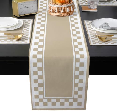 Beige White Checker Frame Design Table Runner and Placemats Set of 4