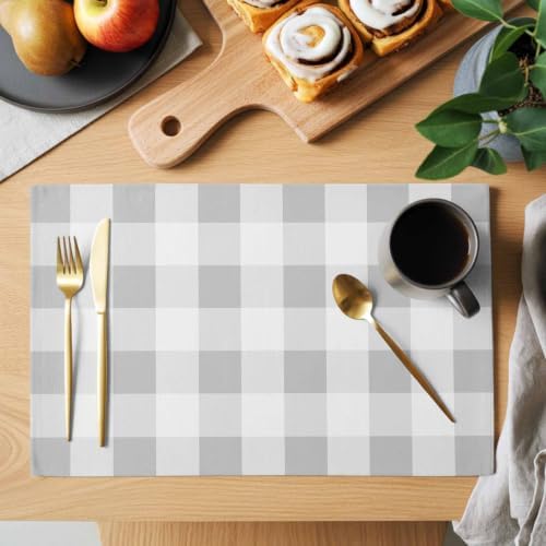 Cotton Linen Placemats for Dining Table Set of 8 Gray White Plaid
