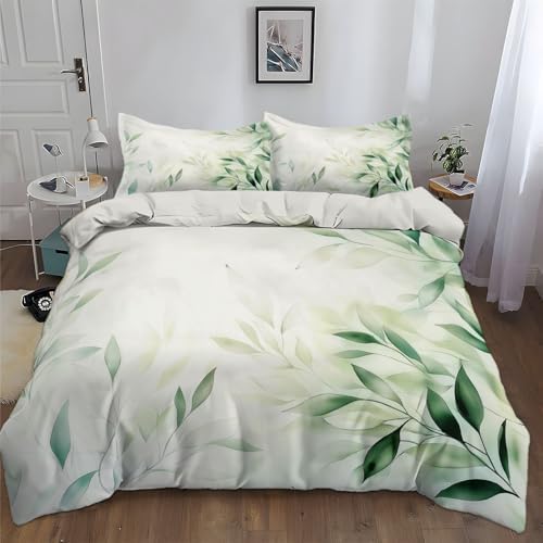Watercolor Style Plant Leaves Duvet Cover Set 3 Pieces King Size, 1