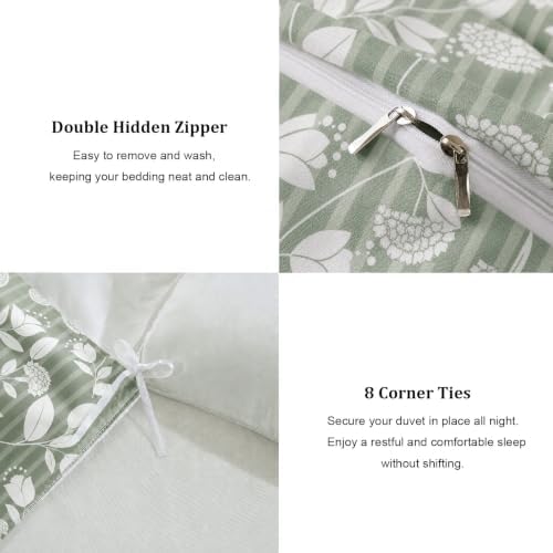 Green Floral Duvet Cover Set Queen Size, Sage Green Leaf Floral Stripe