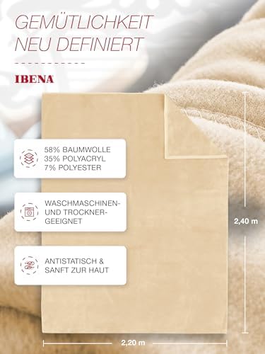 IBENA Plush Solid Color Cotton Blend Queen Bed Blanket Porto - Cream