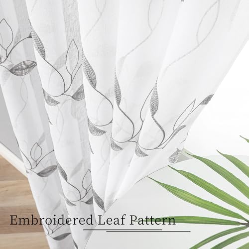 Tollpiz Grey Leaf Sheer Curtain Bedroom 38 x 63 Inches
