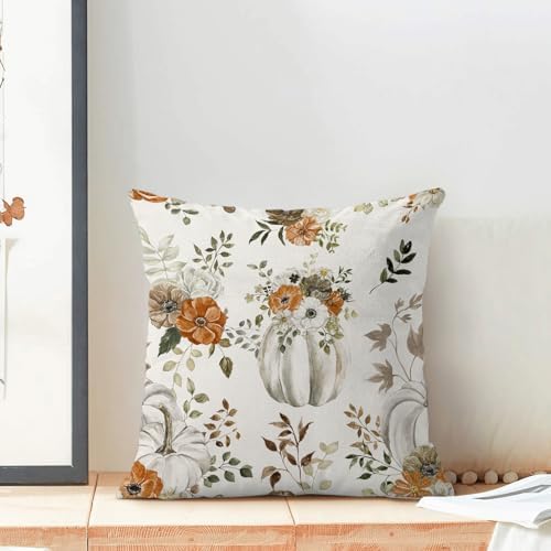 Fall Decor Pillow Covers 20x20 Inch Set of 2 Cream Pumpkin Floral