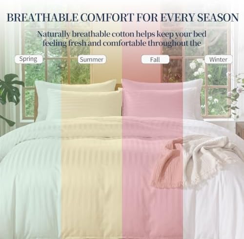 Cotton Sateen Stripe Duvet Cover Set Soft Hotel Bedding White,90