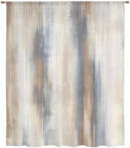 Beige Gray Sheer Curtains 63 Inch Length for Bedroom, Abstract Grunge