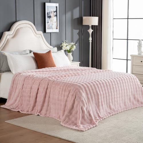Faux Fur Bed Blankets King Size Pink, Soft Fluffy Bubble Blanket for