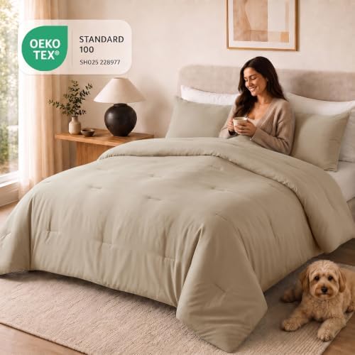 CozyLux King Comforter Set, 3 Pieces Down Alternative Bedding, Taupe