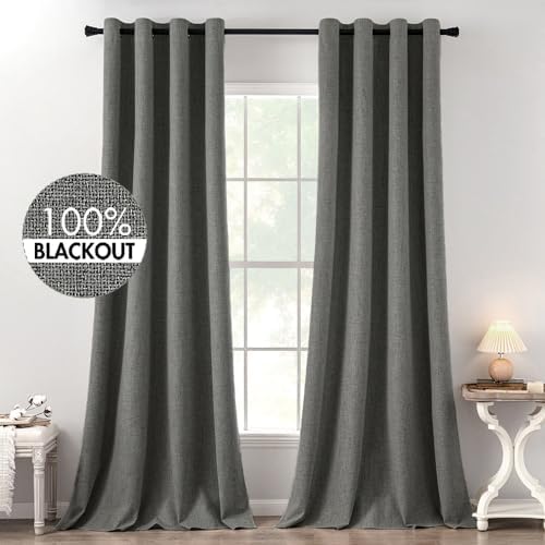 MIULEE 100% Blackout Linen Curtains for Bedroom 52x120 Inches Dark