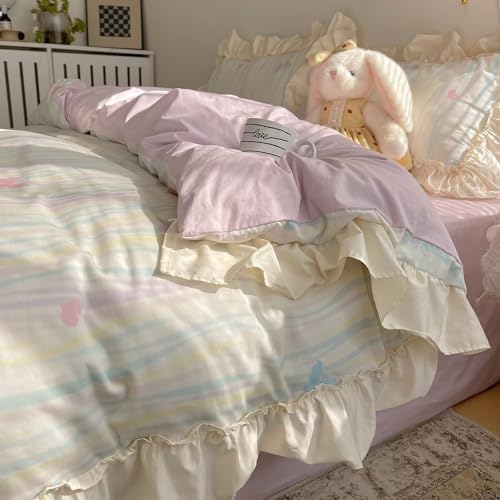 Pastel Butterfly Duvet Cover King Cream Cotton Ruffle Bedding Set