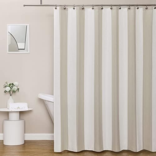 WEST LAKE Taupe Waffle Fabric Shower Curtain Vertical Stripe Farmhouse
