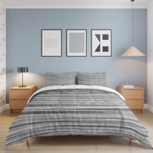 Queen Duvet Cover Abstract Gray Striped Textured 4-Piece Bedding Set