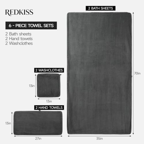 REDKISS Charcoal Gray Bath Towels Set 6 Piece - Microfiber Bathroom