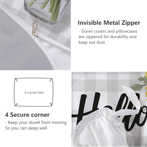 Spring Plant Illustration Duvet Cover King Size, Hand-Drawn Plaid