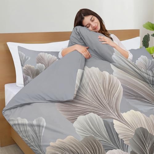 Duvet Cover Set Queen, Abstract Lines of Leaves Minimalist Plant Soft