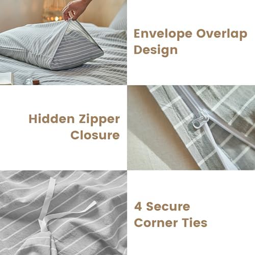 FALUCA 100% Washed Cotton Striped Duvet Cover Set King Size 3 Pieces