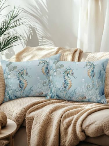 Outdoor Pillows Waterproof, Coastal Seahorse Bedding Throw Pillows