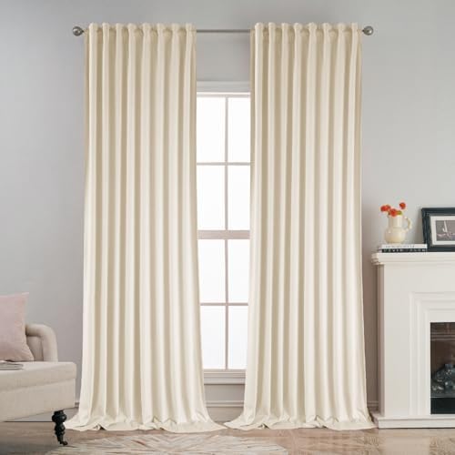 SMILETIME 52" x 96" Ivory White Back Tab Velvet Curtains, 2-Panel Set