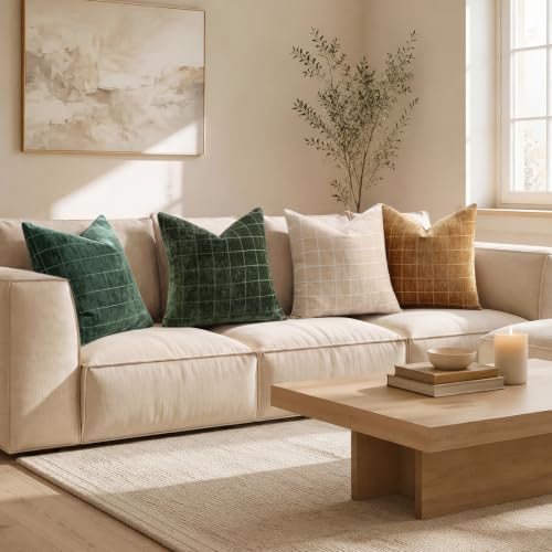 decorUhome Fall Plaid Olive Green Throw Pillow Covers 22x22 Set of 2