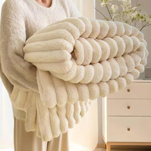 Reversible Faux Rabbit Fur Throw Blanket, Soft Warm Decorative Blanket