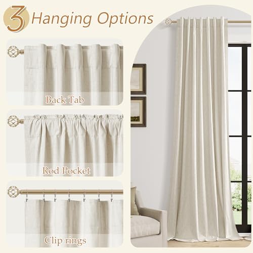 Guken Extra Long 100% Blackout Linen Curtains 120 Inches Birch Beige