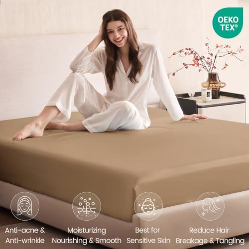 THXSILK 100% 6A+Mulberry Silk Deep-Pocket Fitted Sheet Taupe Cal. King