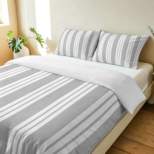 3 Pieces Bedding Set King Size, Striped Grey Soft Duvet Covers Set