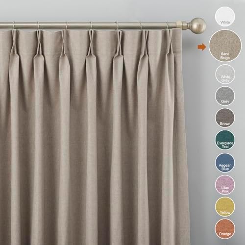 Sand Beige Blackout Curtain Panel, Pinch Pleats Faux Linen Textured