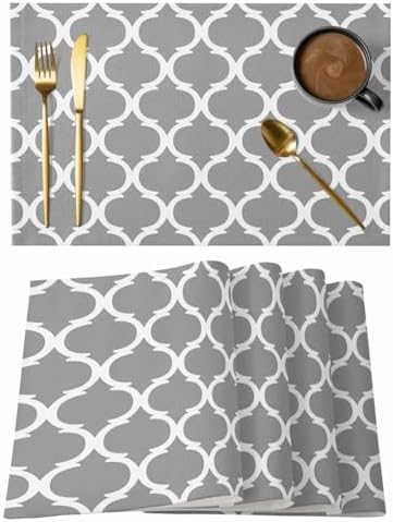 Grey Morocco Plaid Placemats Set of 8, Cotton Linen Fabric Place Mats