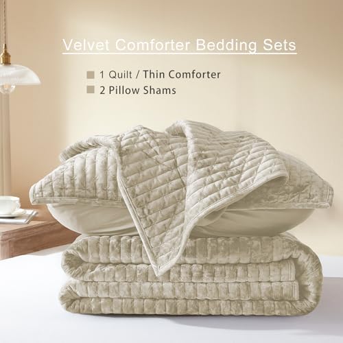 LEAONME Velvet Quilt King Size 98''x106'', Lightweight Beige Velvet