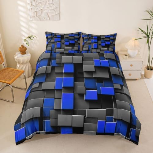 Manfei Abstract Style Comforter Cover King Size Black Gray Blue Grid