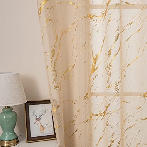 Beige Sheer Curtains Gold Marble Foil Print 84 Inches Length, Rod