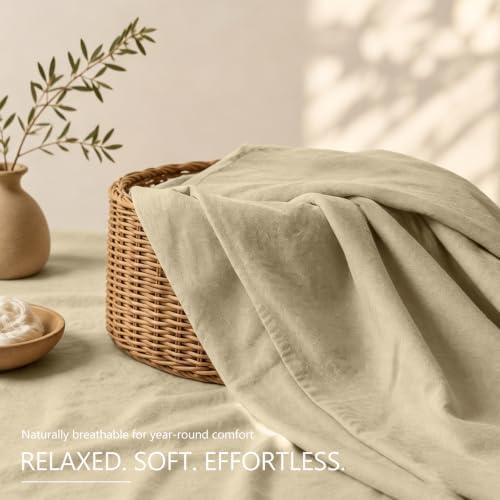 MEISHANG 100% French Linen Sheets Queen,4 Pcs,16" Deep Pocket